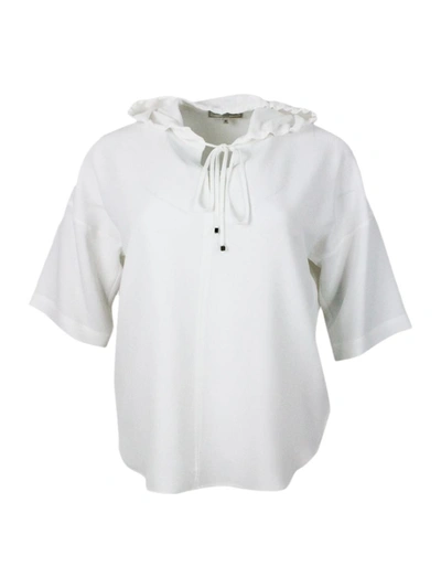 Antonelli Lightweight Short-sleeved Stretch Silk Crepe Shirt With Drawstring Hood. Fluid Fit In White
