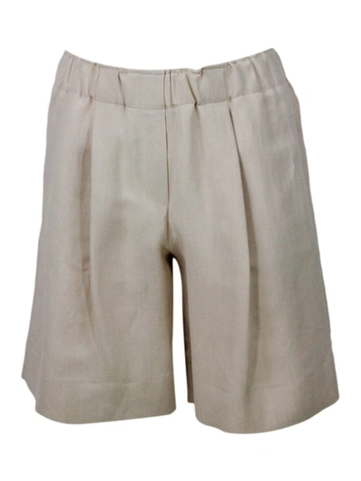 Antonelli Knee-length Bermuda Shorts In Linen Blend With Small Darts And Elasticated Waist In Beige