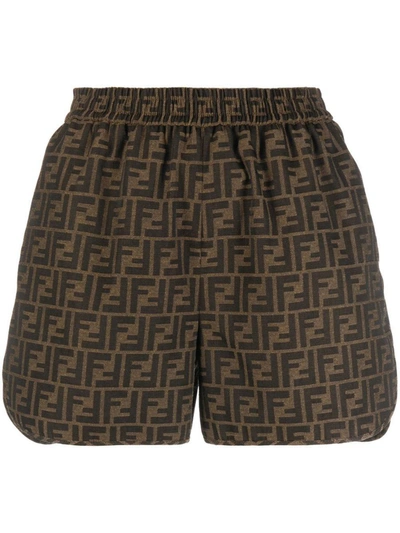 Fendi Logo Jacquard Canvas Shorts In Brown