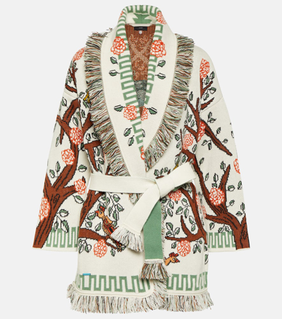 Alanui Tree Of Life Fringe Belted Cashmere Cardigan In Chalk Multicolor