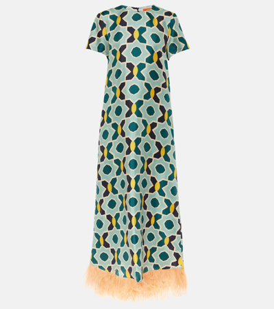 La Doublej Geometric-print Silk Swing Dress In Turquoise Aqua