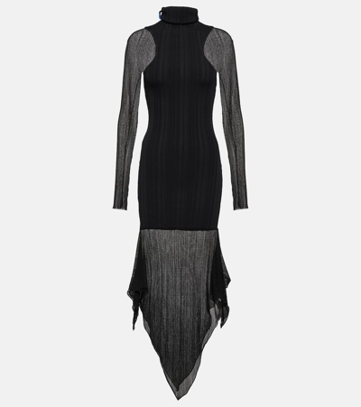 Mugler Asymmetric Ribbed-knit Midi Dress In 黑色