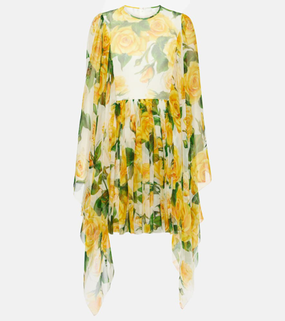 Dolce & Gabbana Floral-print Silk-chiffon Mini Dress In Yellow
