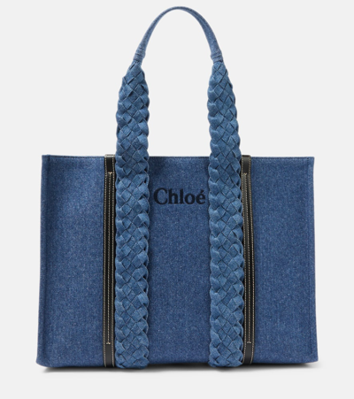 Chloé Woody Medium Denim Tote Bag In Blue