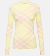 Burberry Crew Neck Ribbed Wool Blend Sweater With Tartan Motif In Yellow