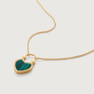 Monica Vinader Gold Heart Gemstone Padlock Fine Chain Necklace 41-46cm/16-18' Malachite In Black