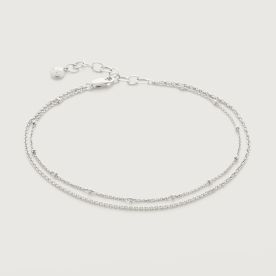 Monica Vinader Sterling Silver Beaded Double Chain Anklet In Metallic
