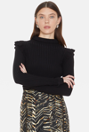 Marie Oliver Tinley Ribbed Mock-neck Ruffle-trim Sweater In Black