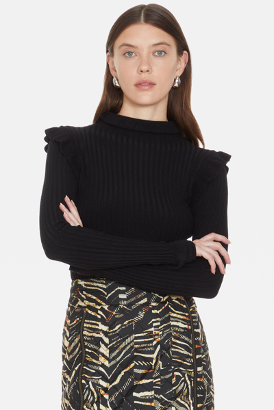 Marie Oliver Tinley Ribbed Mock-neck Ruffle-trim Jumper In Black