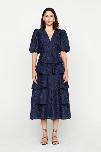 Marie Oliver Everly Embroidered Ruffle Organza Midi Dress In Sapphire Plume