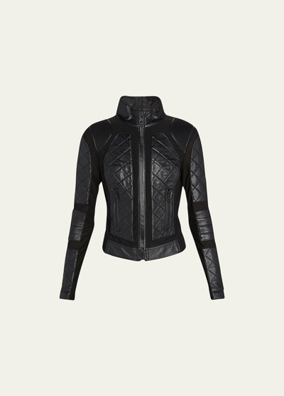 Blanc Noir Quilted Leather & Mesh Moto Jacket In Black