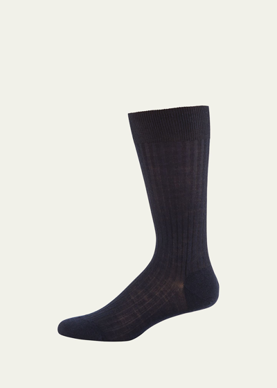 Pantherella Solid Wool Half-calf Socks In Blue