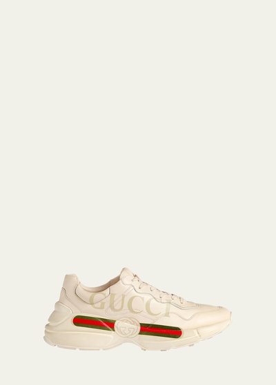 Gucci Men's Rhyton Logo Leather Sneakers In Gold