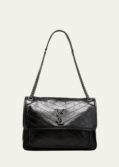 Saint Laurent Niki Large Flap Ysl Shoulder Bag In Crinkled Leather