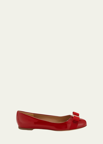 Ferragamo Varina Patent Leather Bow Ballerina Flats In Red