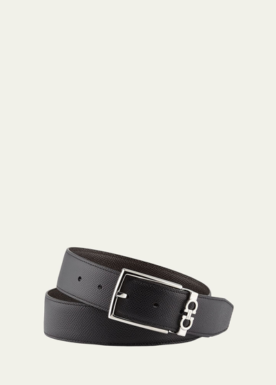 Ferragamo Men's Reversible Textured Leather Belt With Classic Buckle In Black