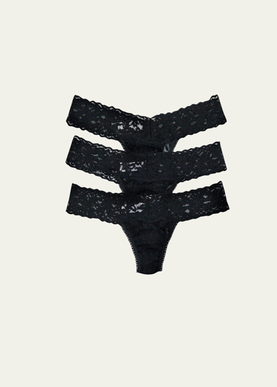 Hanky Panky Three-pack Low-rise Signature Lace Thong In Black