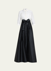Rickie Freeman For Teri Jon Two-tone 3/4-sleeve Taffeta Shirtdress Gown In White