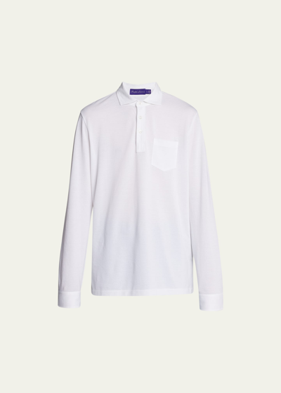 Ralph Lauren Purple Label Men's Washed Long-sleeve Pocket Polo Shirt, White