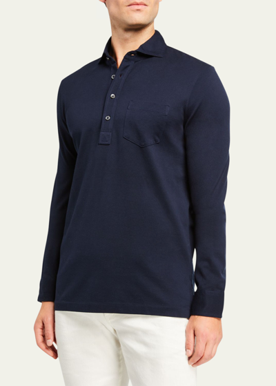 Ralph Lauren Purple Label Men's Washed Long-sleeve Pocket Polo Shirt, Navy In Blue
