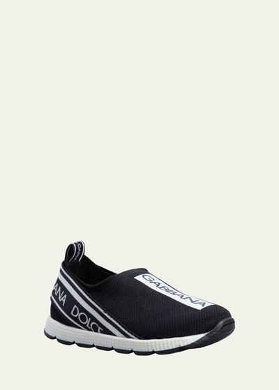 Dolce & Gabbana Kid's Slip-on Knit Logo Sneakers, Baby In Black