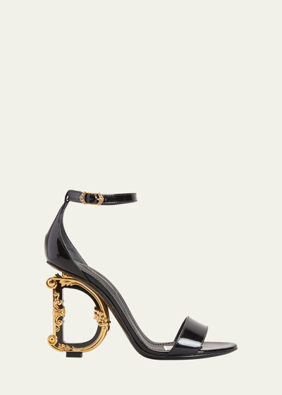 Dolce & Gabbana Patent Leather Sandals With Logo Heel In Black