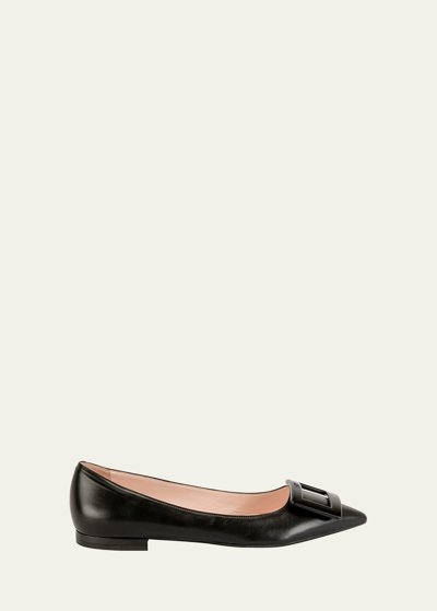 Roger Vivier Buckle-plaque Leather Ballet Flats With Pointed Toe In Black