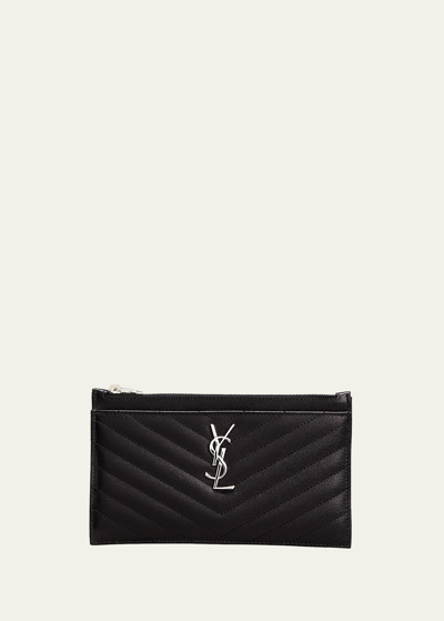 Saint Laurent Ysl Monogram Small Ziptop Bill Pouch In Grained Leather In Metallic