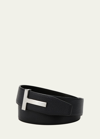 Tom Ford Men's Ridged T-buckle Reversible Leather Belt In Black