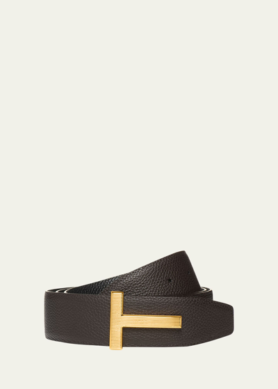 Tom Ford Men's Ridged T-buckle Leather Belt