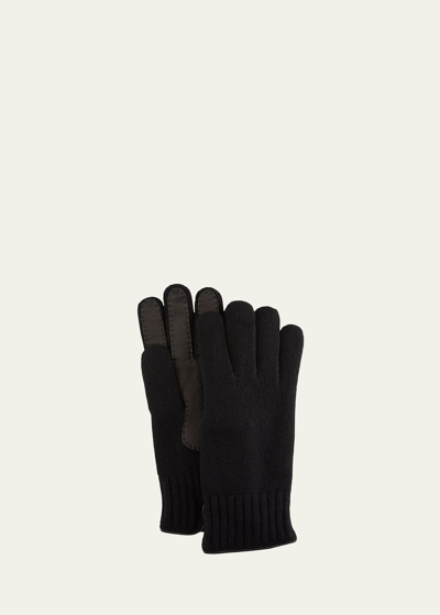 Bergdorf Goodman Men's Cashmere Jersey Gloves W/ Deerskin Palms In Black