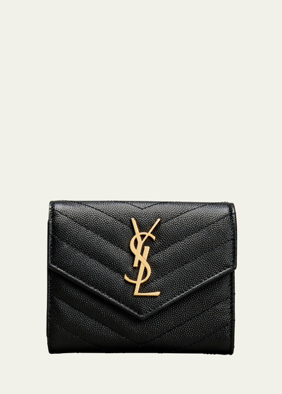 Saint Laurent Ysl Monogram Trifold Wallet In Grained Leather In Black