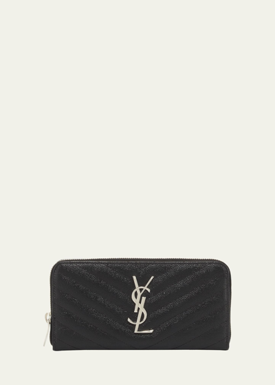 Saint Laurent Ysl Monogram Large Zip Wallet In Grained Leather In Black