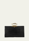 Alexander Mcqueen Black Four-ring Skull Flat Clutch With Crocodile Effect