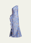 Rickie Freeman For Teri Jon Metallic Jacquard One-shoulder Side-ruffle Gown In Blue