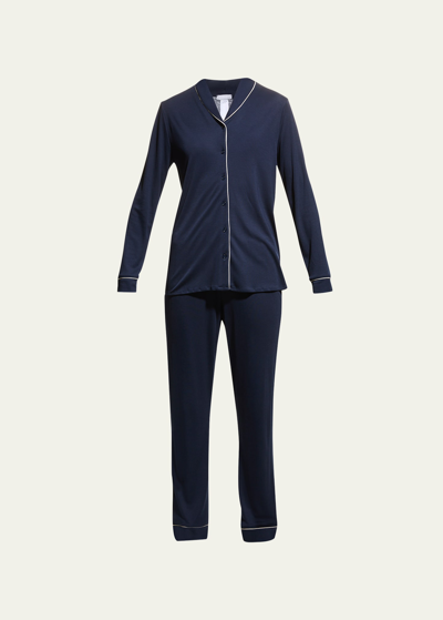 Hanro Natural Comfort Long-sleeve Pajama Set In Blue
