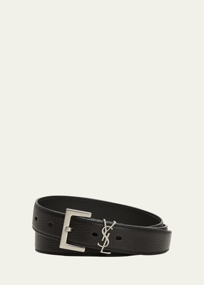 Saint Laurent Ysl-plaque Grained-leather Belt In Black
