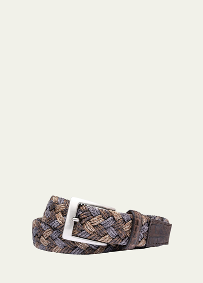 W. Kleinberg Men's Woven Linen Belt W/ Croc Tabs
