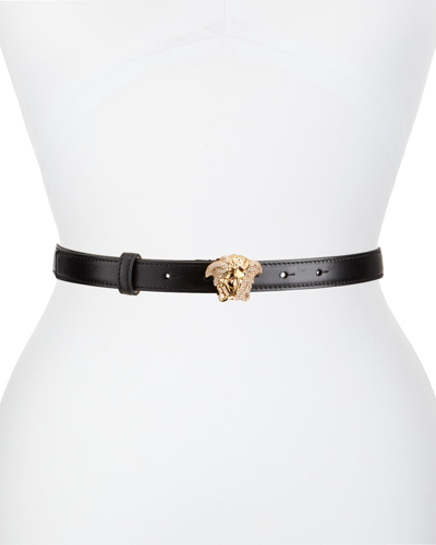 Versace Palazzo Dia Belt With Crystal-encrusted Medusa Buckle In Black