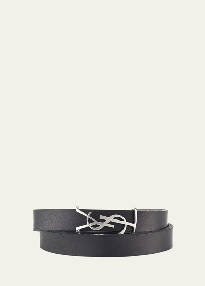 Saint Laurent Leather Double-wrap Ysl Bracelet In Black