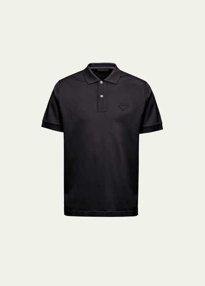 Prada Men's Slim Pique Knit Logo Polo In Black