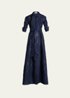 Rickie Freeman For Teri Jon Belted Jacquard Shirtdress Gown In Blue