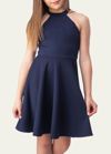 Un Deux Trois Kids' Girl's Halter Keyhole-back Dress In Blue