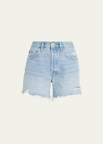 Agolde Parker Long Frayed Shorts In Blue