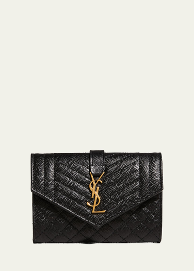 Saint Laurent Envelope Small Ysl Flap Wallet In Grained Leather