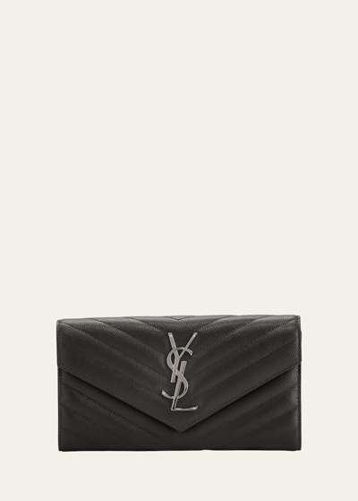 Saint Laurent Ysl Monogram Large Flap Wallet In Grained Leather In Black