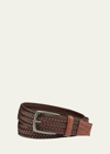 W. Kleinberg Men's Woven Leather Stretch Belt With Crocodile Trim In Brown
