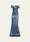 Rickie Freeman For Teri Jon Off-shoulder Ruched Taffeta Gown In Blue