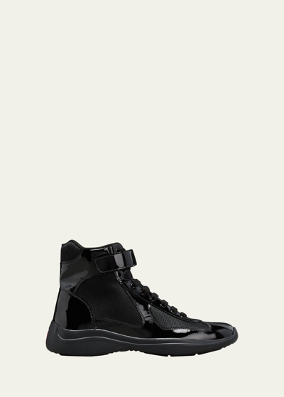 Prada Men's America's Cup Patent Leather High-top Sneakers In Black