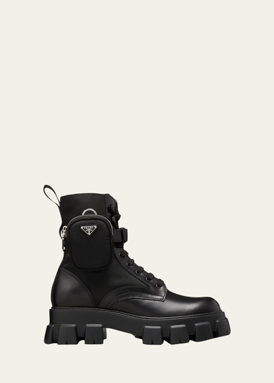 Prada Men's Re-nylon & Leather Zip Pocket Combat Boots In Black